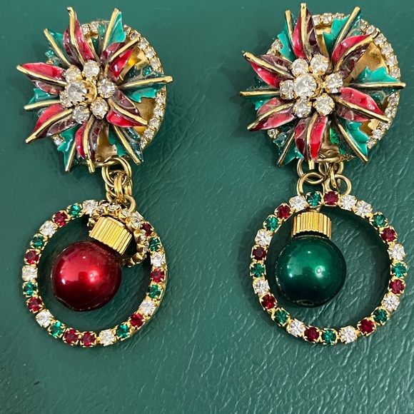 Lunch at the Ritz Poinsettia Holiday Dangle pierced Earrings - Picture 3 of 6